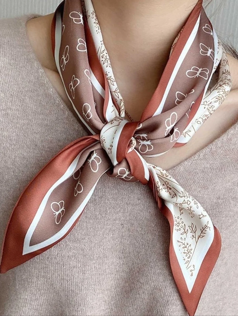 NWT Butterfly Botanical Floral Satin Twilly Scarf Earthy Brown & Cream 60